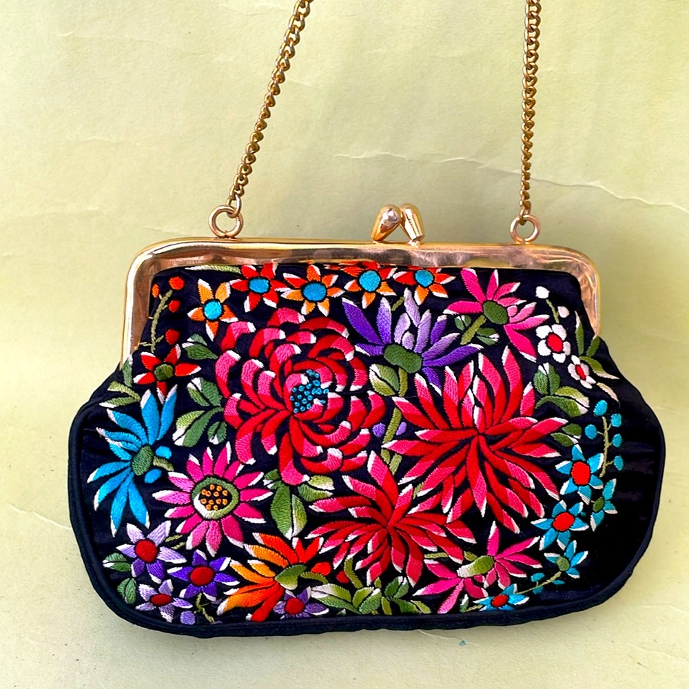 New vintage multicolored small satin purse with embroidery